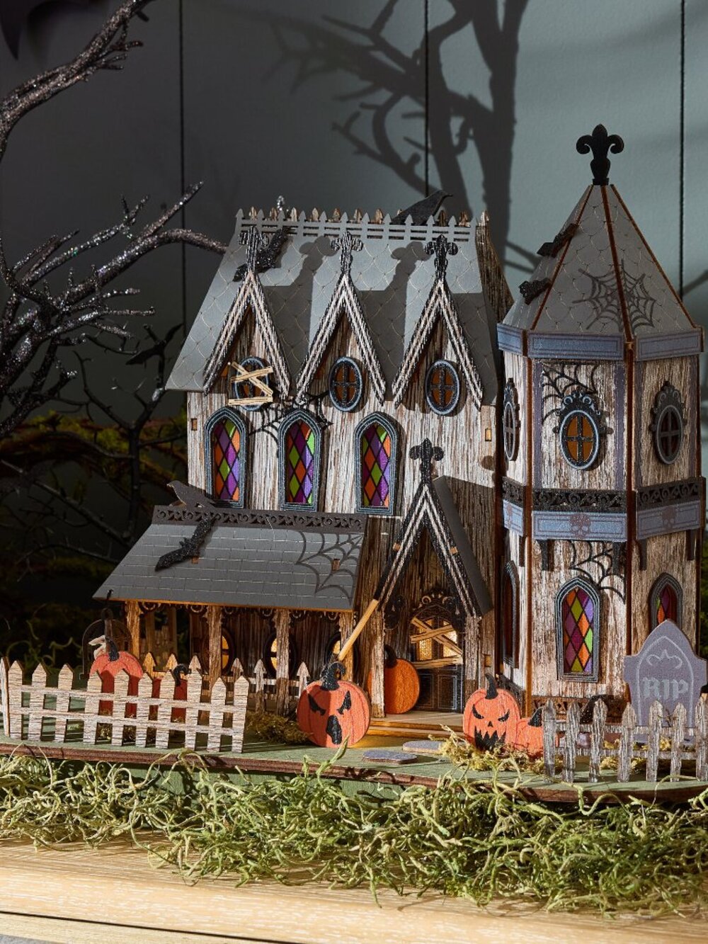 World Market Halloween Laser Cut Wood Haunted Victori Manor LED Lights NIB